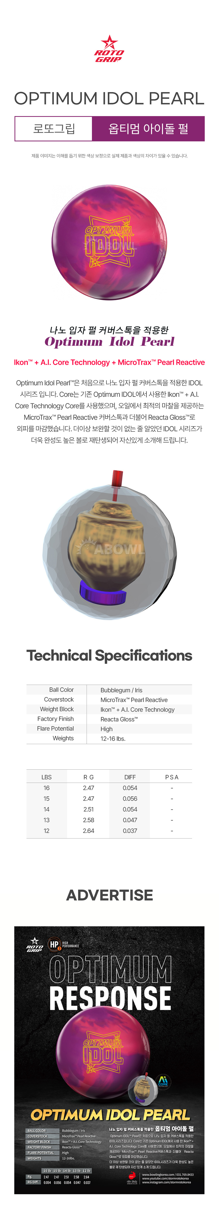 H*様 OPTIMUM IDOL ボウリングボール パール　15p オプティマム・アイドル・ソリッド - ハイスポーツ社 ：信頼の